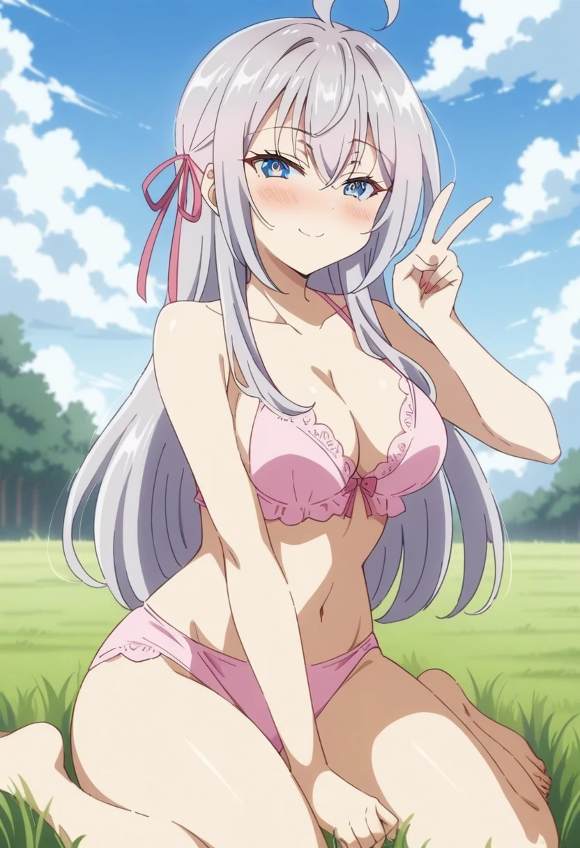 (anime art style:0.5), 2d, masterpiece, best quality, very aesthetic, absurdres, dynamic shadows, atmosferic, alisa_mikhailovna, (1girl), (grey hair), long hair, blue eyes, detailed eyes, ahoge, hair between eyes, bangs, medium breasts, curvy body, makeup, ((intense blush)), cleavage, collarbone, (sexy smile), hair ribbon, pink lingerie, lace-trimmed lingerie, sexy smile, (upper body), wariza, (v), looking at viewer, grass, clouds, sky