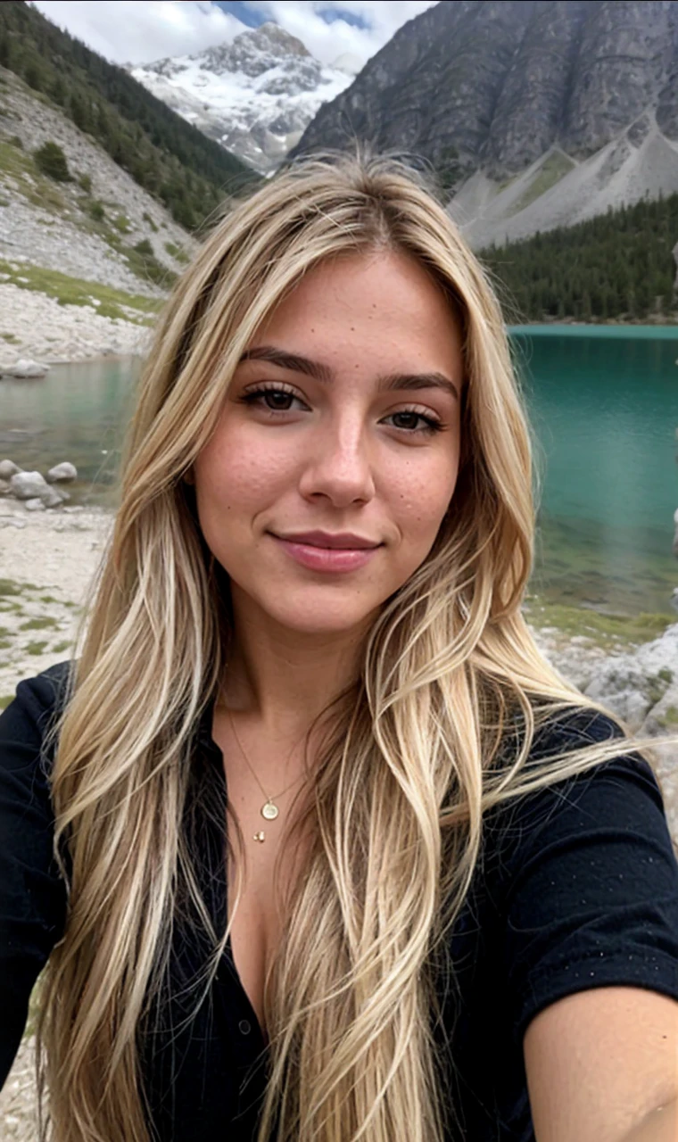 A 23-year-old blonde woman, ((pechos grandes)), ((hiperrealismo)) ,. blonde hair with light brown roots. cabello rubio, Hair with brown roots, cabello extra largo, cabello muy largo, really long hair, ponytail hair, Beautiful, Front view, selfie, photo taken with iPhone, with escote, escotada, dans un lit nue lake, high quality, selfie iPhone, cleavage