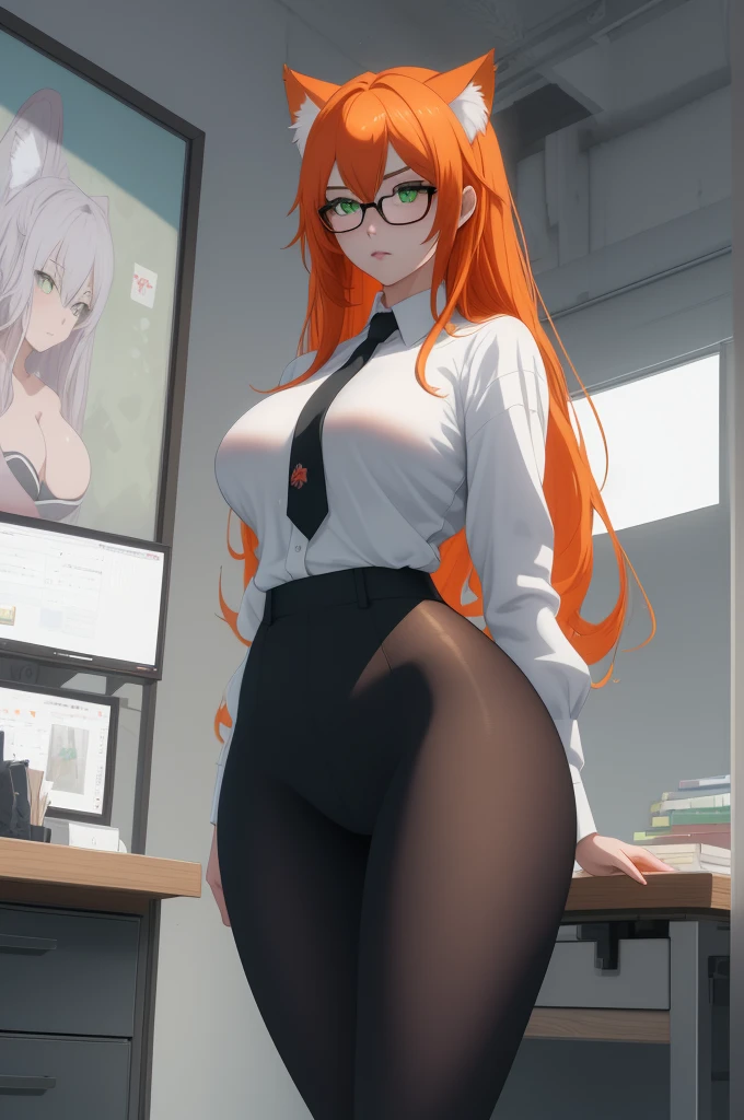 (masterpiece, Best quality), 8K, ultra detailed, realistic photo, Detailed face, perfect lighting, green eyes, bright orange hair, bright hair, fox ears, nice legs, side photo, beautiful, Cute, skin pores, 1 girl, perfect shirt, fully dressed, beautiful women 30 years old, Beautiful proportions, Russian woman, Caucasian, European, Business lady, stunningly beautiful woman, mother, thick legs, show ass, big breasts, (Thin white shirt:1.4), thick, hot, (White Office Wear:1.4), tight pants, (wide hips:1.2), thick, (white Office pants:1.3), spread your legs, Legs open, full length, wide hips, Glasses, with long orange hair, standing on the beach near the ocean, green eyes detailed digital anime art, cat ear, anime girl with long hair, гладкое аниме cg art, anime girl with long hair, digital anime art, work in Guweiz style, Beautiful anime portrait, Photorealistic render of an anime girl, pantyhose, Beautiful anime girl, advanced digital anime art, guweiz на artstation pixiv HD UHD HQ