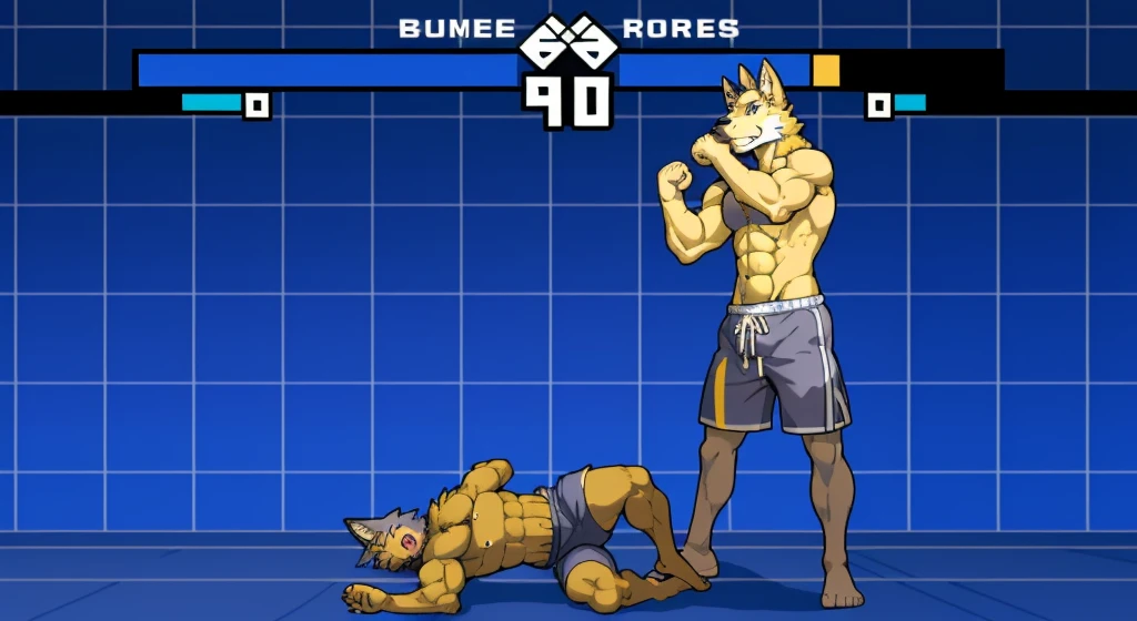 highres, absurdres(highly detailed beautiful face and eyes)perfect anatomy(kemono, furry anthro)(super handsome 2boys, pair, muscles ,abs)good lighting, cinematic shadow, detailed background, User Interface of Fighting game, dots game, pixel art, dungeon, Crisis, assorted poses, assorted expression, full body, sound effects, motion blur, from side, ((yellow wolf, blue shorts, knocked out on the floor)), (((gray wolf, white shorts, muay thai pose))) “VS”