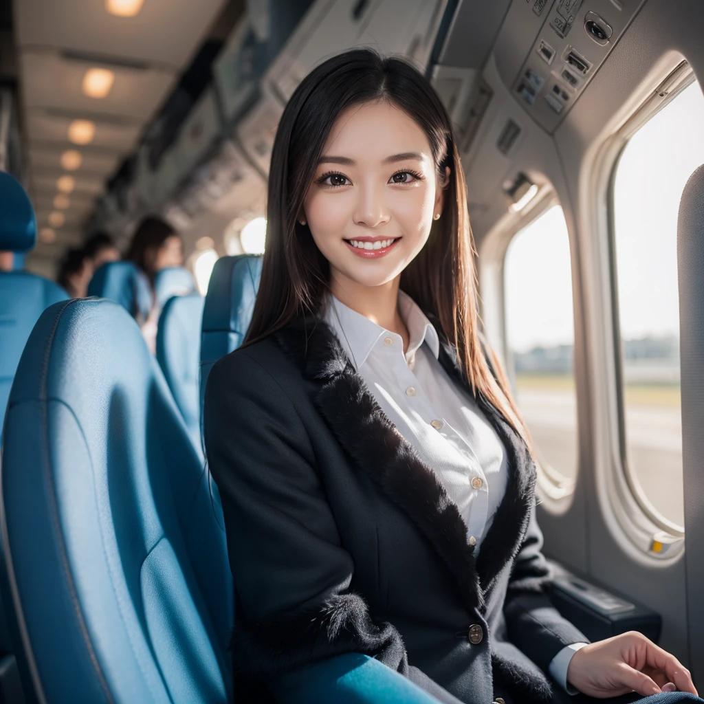 young girl 32 years old, flight attendant, sitting in the airplane seat, dressed in uniform, smiling, posing, 8k, maximum quality, maximum resolution, black fur, sexy, neckline, Free hair, very thin, pied, without jacket