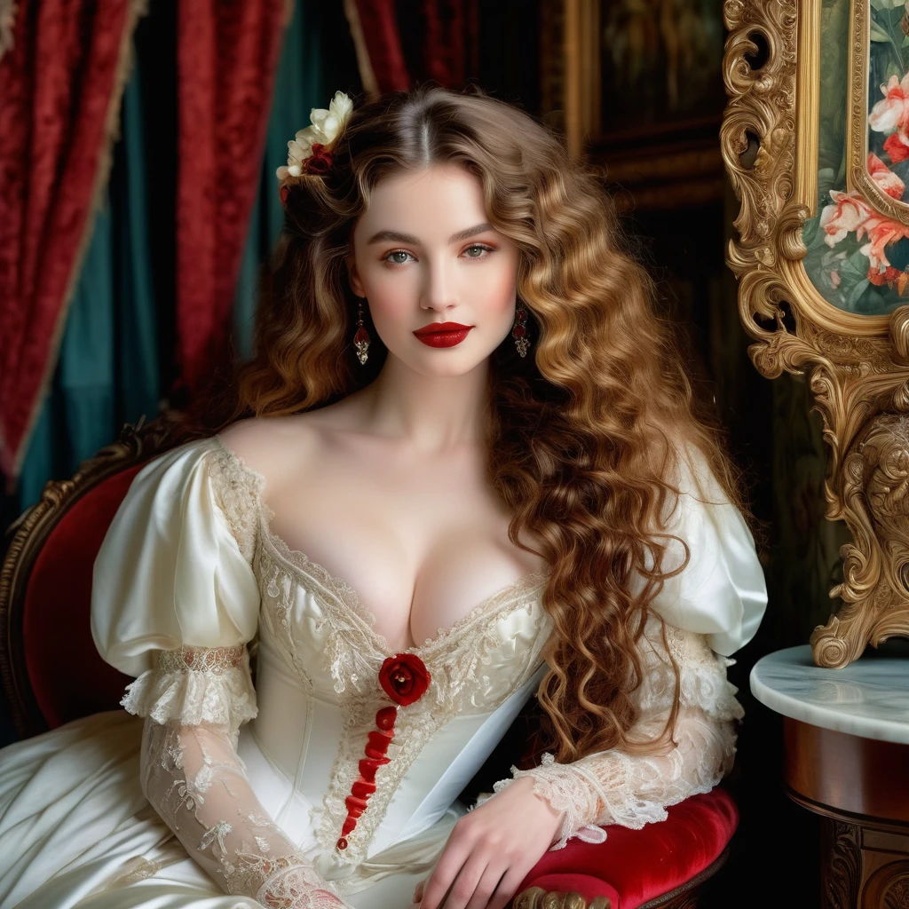 A seductive temptress with porcelain skin and blood-red lips, framed by the opulent trappings of a Victorian parlor. Inspired by Pre-Raphaelite art, her form is ethereal and romantic, with flowing locks and delicate features that evoke the beauty of a bygone era. smiling, large breast, sitting in a Victorian Parlor
