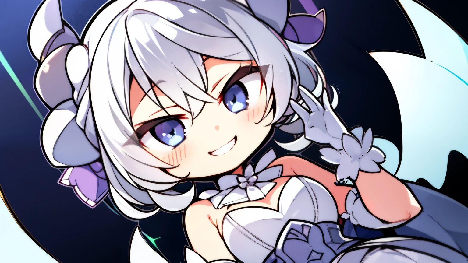 (Loli:1.2), 1 Girl, Silver Short Hair, Silvery horns,  White Dress, White Cape, bulging sleeves, White Gloves, White Stockings, Silver Corset, White long skirt, 

smile、Grin、blush、

Black Background、Simple Background、

Depth of written boundary、
((Highest quality, High resolution, Perfect Pixel, 4K)), (1 girl), (Beautiful Anime Girls), Watching the audience, Perfect body, Detailed eyes、