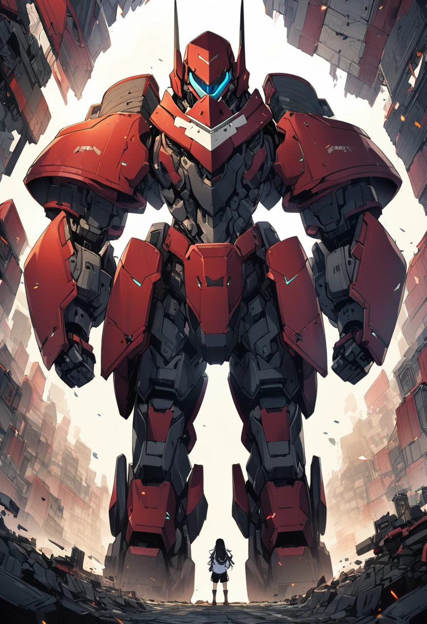 8K、Very detailed、whole body、Black semi-long hair、Wear a red cropped leather jacket、Wearing a white tank top、Wear black leather shorts、Wear black short boots、Standing surrounded by giant robots、woman、Illustration by Yoshitaka Amano、Wide Shot