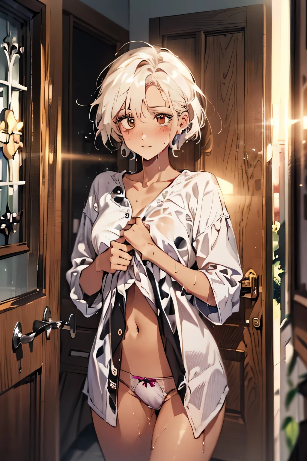 Highest quality,20-year-old,Cowboy Shot,Are standing,short hair,((Soaking wet:1.4)),(Platinum Blonde),((Puzzled:1.5)),((Embarrassing:1.1)),((Blush 1.5)),(Soaking wetの白いフリル付きブラウス),Accurate hand drawing,((Brown Skin:1.5)),((Revealing her dark purple panties to the audience)),dark purple panties. The background is the front door of the house,noon.