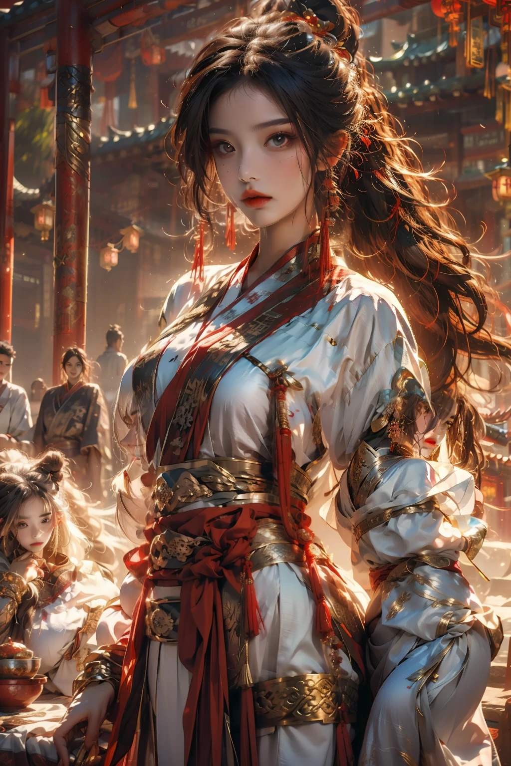 best quality, Masterpiece, Photorealistic, high resolution, 1 woman, 18-year-old girl, Hips up, Beautiful eyes, high ponytail, black hair, long hair, ringed eyes, jewelry, Hanfu, Chinese fairy, Taoist uniform, Large clothing, White Tiger,