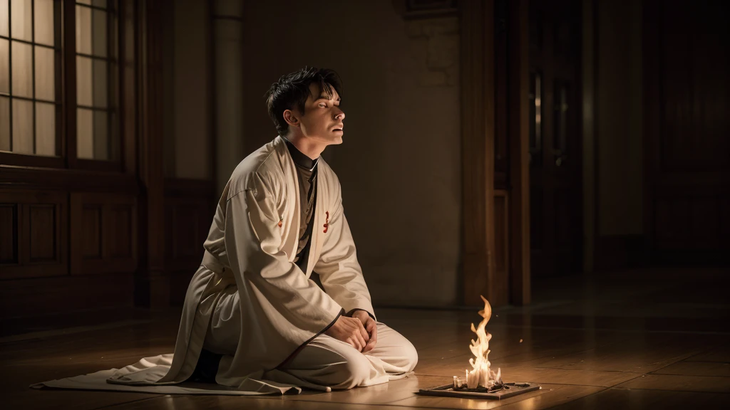a priest on his knees looking up, tearing his robes and his heart on fire