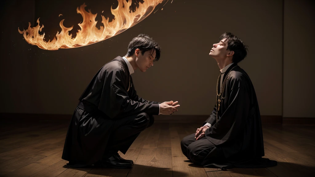 a priest on his knees looking up, tearing his robes and his heart on fire