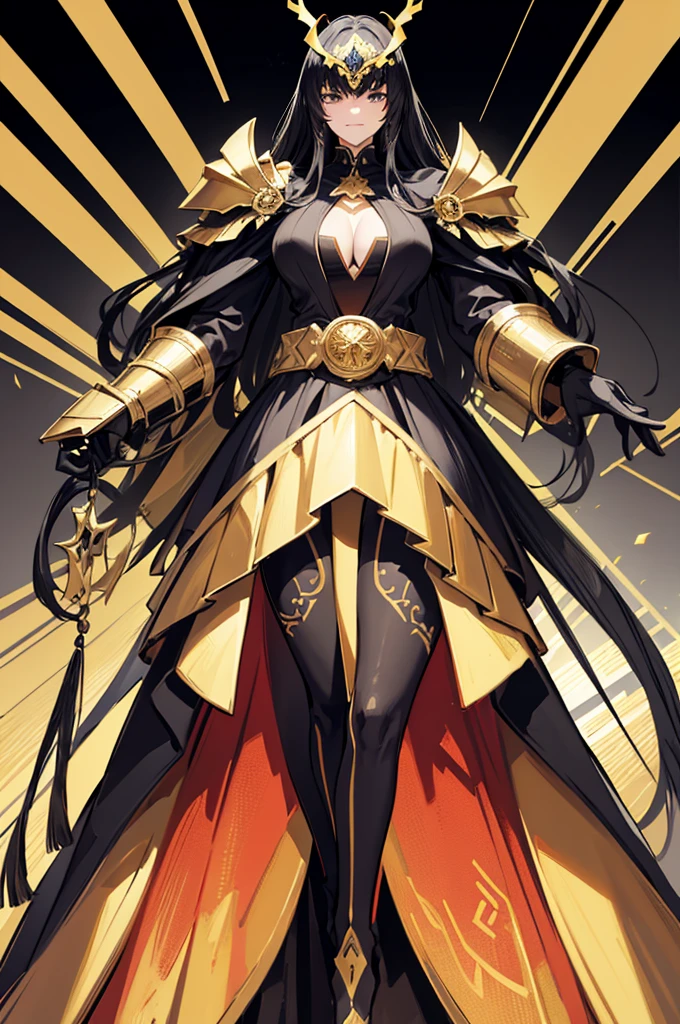 Please generate images of the following features
A smiling, fair-skinned, tall, big-breasted, black-haired, beautiful girl of high school age with long hair and good style.
Describe the external characteristics of the character in the above image.
1. **Overall design**:.
- Black-based suit with gold and red accents.
2.**Helmet**:.
- ((Helmet)) is black and gold with a circular mono-eye shaped ornament with a large red transparent omega in the center, and two fan-shaped ornaments on the head that look like a pair of frogs.
3.**Armor**:.
- The shoulders, chest, arms and legs are covered with thick armor. The shoulder armor is particularly large and gives the figure a powerful impression.
- ((The chest has a red jewel-like decoration in the center and the cleavage is exposed))
4.**Belt**:.
- A decorative belt is worn around the waist, featuring a brown leather belt thicker than the buckle and a golden buckle with embedded red gemstones.
5.**Cloak**:.
- On the lower half of the body is a long coat-like black cloak with golden lines. This cloak is designed to spread out in the back so that it sways with the movement of the wearer.
6. **Boots**:.
- She wears black and silver boots, armored from ankle to knee.
7.**Pose**.
- The figure is posed in a combative pose in the arena, arms at the ready. The overall posture is intimidating.
8.**Color scheme and design balance**: The use of black and gold colors gives the figure a strong, powerful appearance.
- The use of black and gold colors gives the design a sense of power and nobility. The red decorations accentuate and draw the eye. The design is also reminiscent of a masked rider ogre, a fallen angel, or a courtesan!
The design of this character is reminiscent of superheroes and warriors, with a powerful and regal appearance