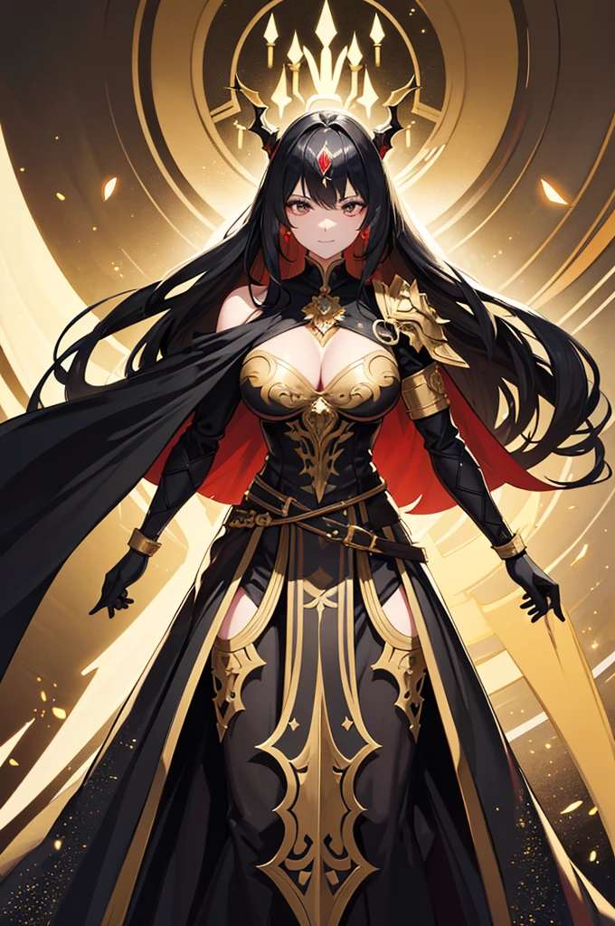 Please generate images of the following features
A smiling, fair-skinned, tall, big-breasted, black-haired, beautiful girl of high school age with long hair and good style.

Describe the external characteristics of the character in the above image.

1. **Overall design**:.
   - Black-based suit with gold and red accents.

2.**Helmet**:.
   - ((Helmet)) is black and gold with a circular mono-eye shaped ornament with a large red transparent omega in the center, and two fan-shaped ornaments on the head that look like a pair of frogs.

3.**Armor**:.
   - The shoulders, chest, arms and legs are covered with thick armor. The shoulder armor is particularly large and gives the figure a powerful impression.
   - ((The chest has a red jewel-like decoration in the center and the cleavage is exposed))

4.**Belt**:.
   - A decorative belt is worn around the waist, featuring a brown leather belt thicker than the buckle and a golden buckle with embedded red gemstones.

5.**Cloak**:.
   - On the lower half of the body is a long coat-like black cloak with golden lines. This cloak is designed to spread out in the back so that it sways with the movement of the wearer.

6. **Boots**:.
   - She wears black and silver boots, armored from ankle to knee.

7.**Pose**.
   - The figure is posed in a combative pose in the arena, arms at the ready. The overall posture is intimidating.

8.**Color scheme and design balance**: The use of black and gold colors gives the figure a strong, powerful appearance.
   - The use of black and gold colors gives the design a sense of power and nobility. The red decorations accentuate and draw the eye. The design is also reminiscent of a masked rider ogre, a fallen angel, or a courtesan!

The design of this character is reminiscent of superheroes and warriors, with a powerful and regal appearance