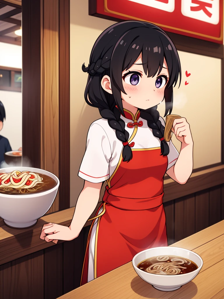 woman、Braid、、Fly Hearts、Sweaty、Eyes are hearts、Trembling、China dress、Black Hair、Ramen shop、Eat ramen