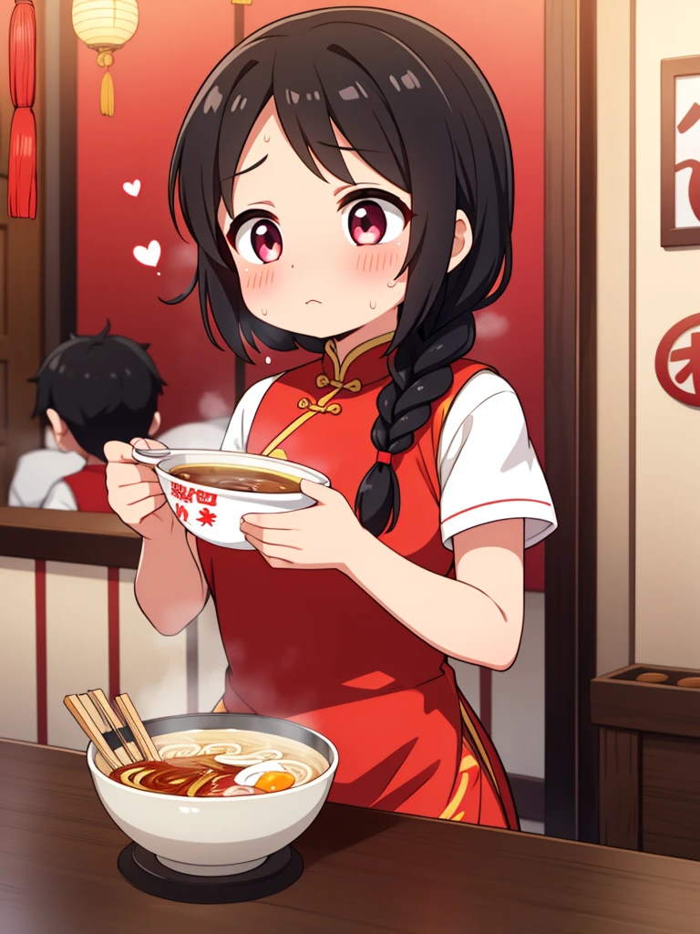 woman、Braid、、Fly Hearts、Sweaty、Eyes are hearts、Trembling、China dress、Black Hair、Ramen shop、Eat ramen