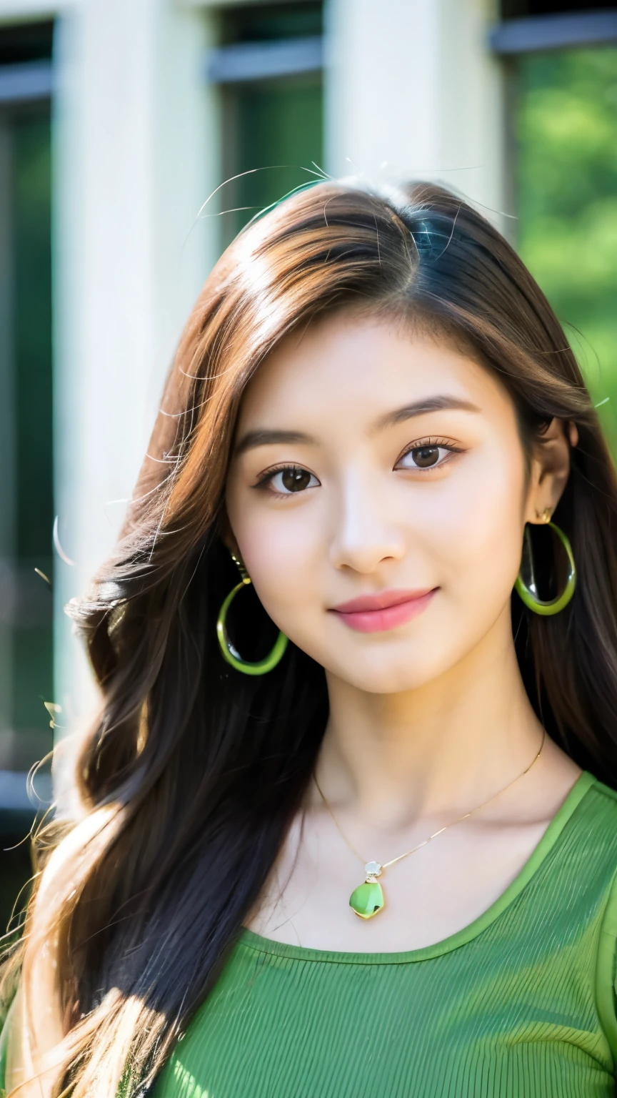 a close up of a woman with long hair and a green top, dilraba dilmurat, 1 , korean girl, asian face, beautiful asian girl, young cute wan asian face, ruan cute vtuber, 18 years old, asian girl, asian features, pokimane, young and cute girl, she has a cute face