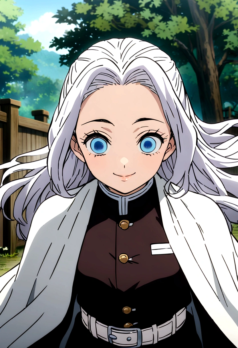 kimetsu no yaiba style, 1girl, bug, demon slayer uniform, solo, blue eyes, long hair, smile, white hair, white cape, cape, outdoors, bangs, tree, fence, anime coloring,  ((masterpiece)) 