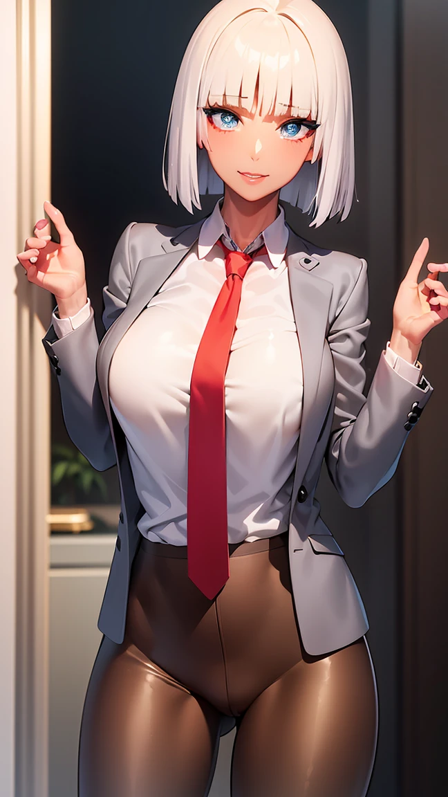 female with green fringe style bob haircut, 
BREAK ((grey jacket, jacket, pantyhose, , u.a. , necktie, red necktie, shirt, white shirt, collared shirt:1.5)) 
BREAK indoors, standing, looking at viewer, smile, dynamic pose,
BREAK (masterpiece:1.2), best quality, high resolution, unity 8k wallpaper, (illustration:0.8), (beautiful detailed eyes:1.6), extremely detailed face, perfect lighting, extremely detailed CG, (perfect hands, perfect anatomy),