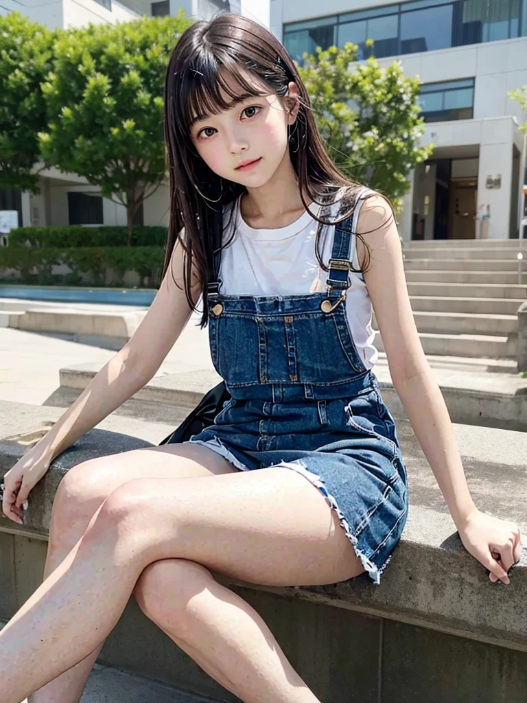 Highest quality、14 years old、pretty girl、Sitting、mile,from below