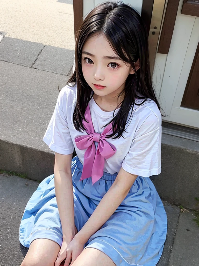 Highest quality、、pretty girl、Sitting、mile,from below