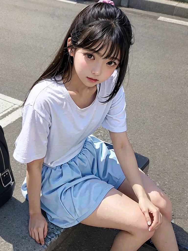 Highest quality、、pretty girl、Sitting、mile,from below