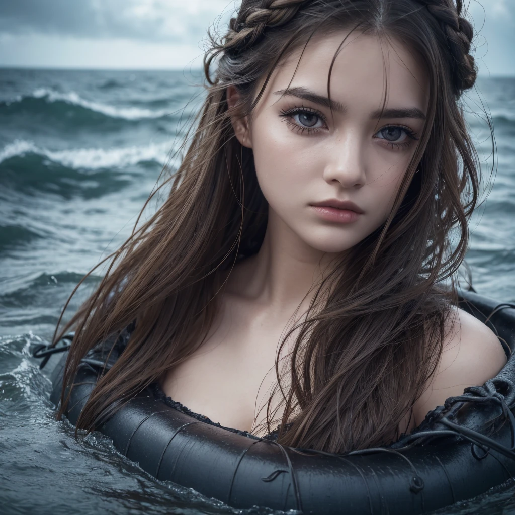girl in a raft, stranded in the middle of the sea, detailed facial features, beautiful detailed eyes, beautiful detailed lips, extremely detailed face and skin, long eyelashes, detailed clothing, waves crashing around the raft, overcast sky, dramatic lighting, moody atmosphere, photorealistic, 8k, best quality, masterpiece, highly detailed, dramatic, cinematic