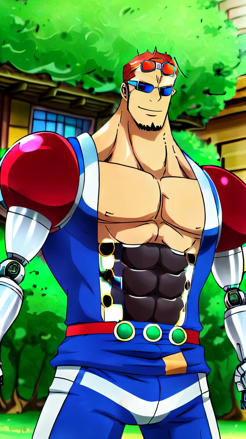naughty man, 3 meter high, robotic arms, blue glasses, Red hair, muscled body.