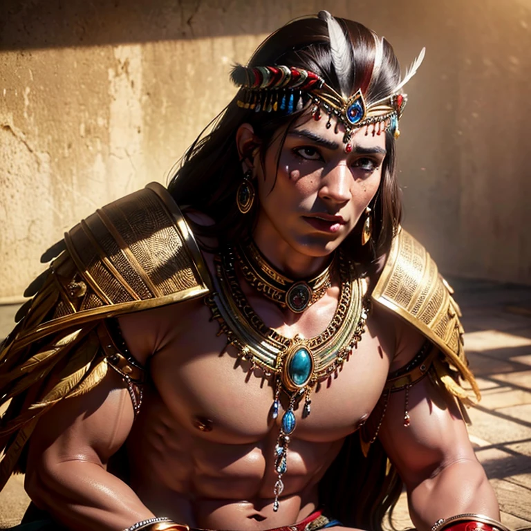 a muscular aztec warrior god, detailed aztec style clothing, detailed feathered headdress, dramatic lighting, intricate patterns, rich colors, chiaroscuro lighting, cinematic composition, (best quality,4k,8k,highres,masterpiece:1.2),ultra-detailed,(realistic,photorealistic,photo-realistic:1.37),extremely detailed face and body, powerful expression, dynamic pose, ornate jewelry, detailed feathers, warm color palette, dramatic shadows, cinematic lighting