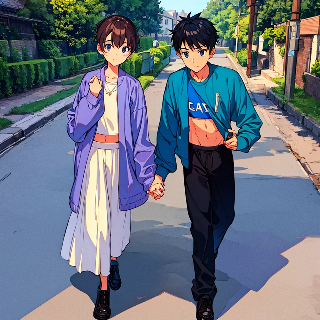 17 year old boy in a blue sweatshirt walking down the street holding hands with a 16 year old girl in a crop top 