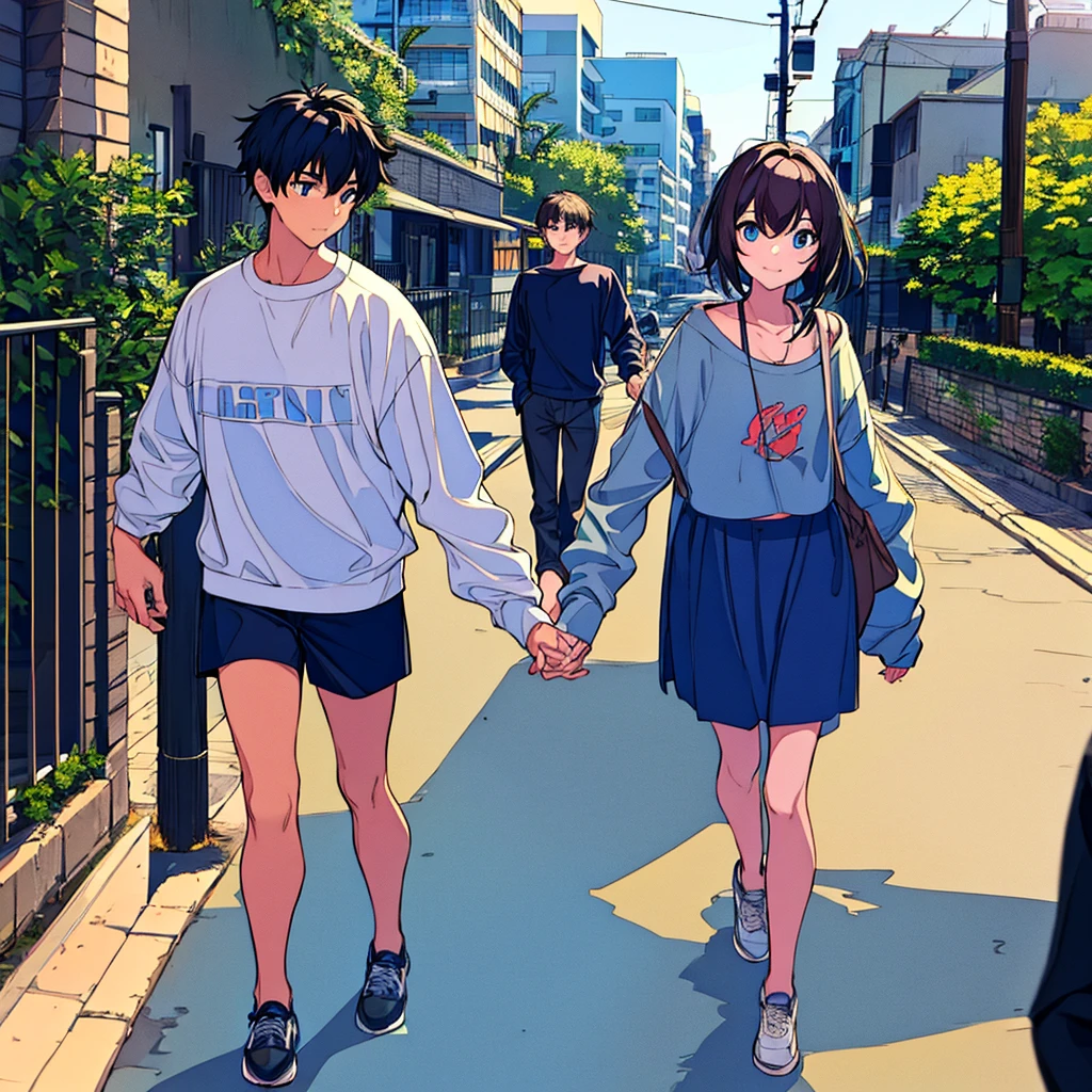 17 year old boy in a blue sweatshirt walking down the street holding hands with a 16 year old girl in a crop top