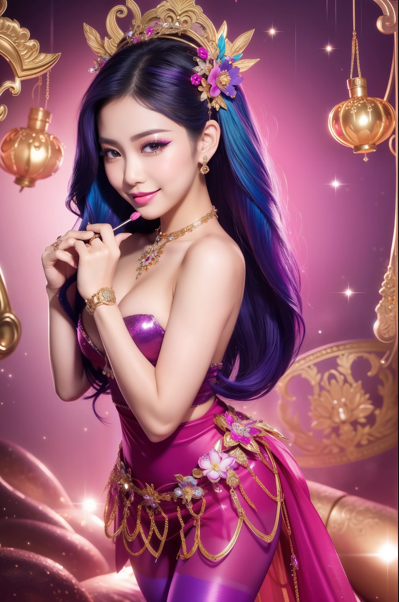 sexy Thai model who controls poison、beautiful smile、lipgloss、bold lipstick、long lashes, metallic makeup、look at the camera、full body Esbian、、sparkling poisoned flower costume、、、、sparkling Colorful hair、secrete poison、skull hair accessories、sexy tights、shiny sparkling flowers background