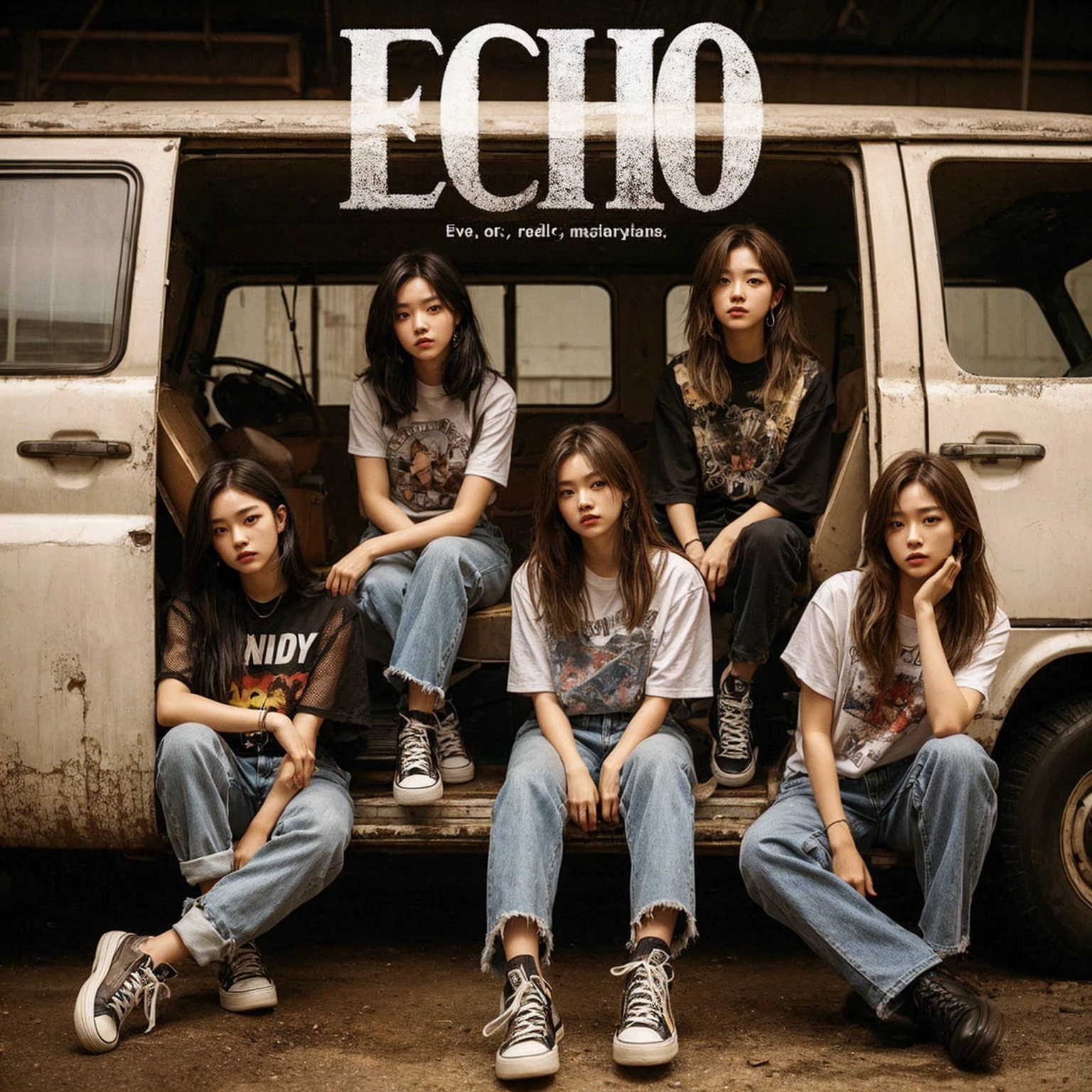 a visually striking five korean young woman member band photo in a gritty, urban setting. The band should be seated in a rugged van, evoking a raw. Emphasize a cool, laid-back attitude with casual clothing, such as graphic tees, jeans, and sneakers. Ensure the band's name, “ECHO” is prominently displayed above them in bold, distressed typography. Capture a mood that reflects the essence of early 2000s pop, combining elements of angst, realistic, masterpiece