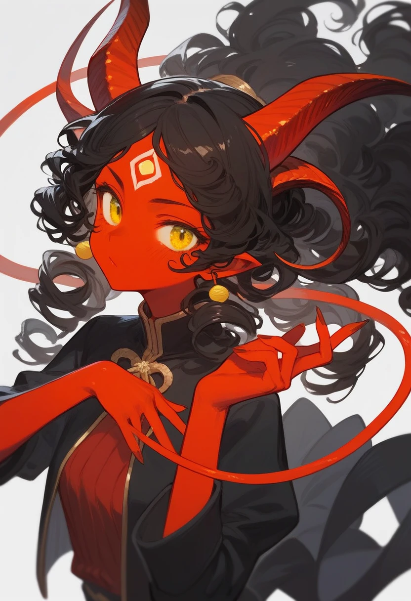 A girl with red skin, long, curly hair, hair color is brown but has a streak of white, she has big demon horns, One of his eyes had a black cornia and a red iris and the other eye had a red cornia and a yellow iris., she is tall