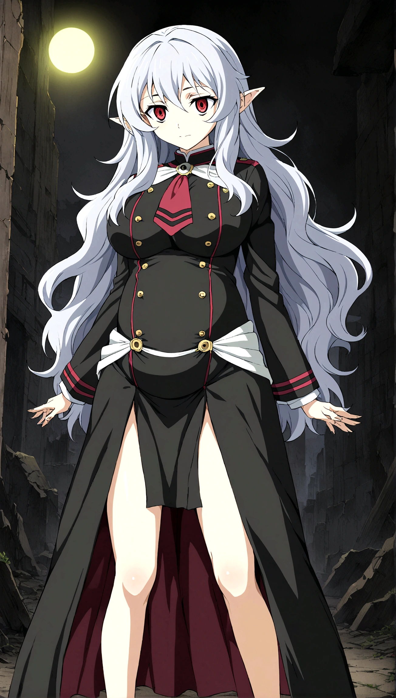Anime. Owari no Seraph. 1 Girl. Expensive . A vampire. Clumsy mother. Pregnant. Silver hair. Wavy hair. Long hair. Red eyes. Beautiful eyes. Perfect eyes. Expressive eyes. Ideal face. Perfect body. Beautiful long ones. legs. Beautiful nose. 18 years. Big breasts. Standing. Full height. Beautiful character design. Shiny skin. Pointy ears. Ancestor Uniform Dress from Owari no Seraph. Ruins of Tokyo. Whole body. NSF. Official art. Extremely detailed CG Unity 8k wallpaper. Ideal lighting. Ultra high resolution 4K. Super detailed 8K. A high resolution.