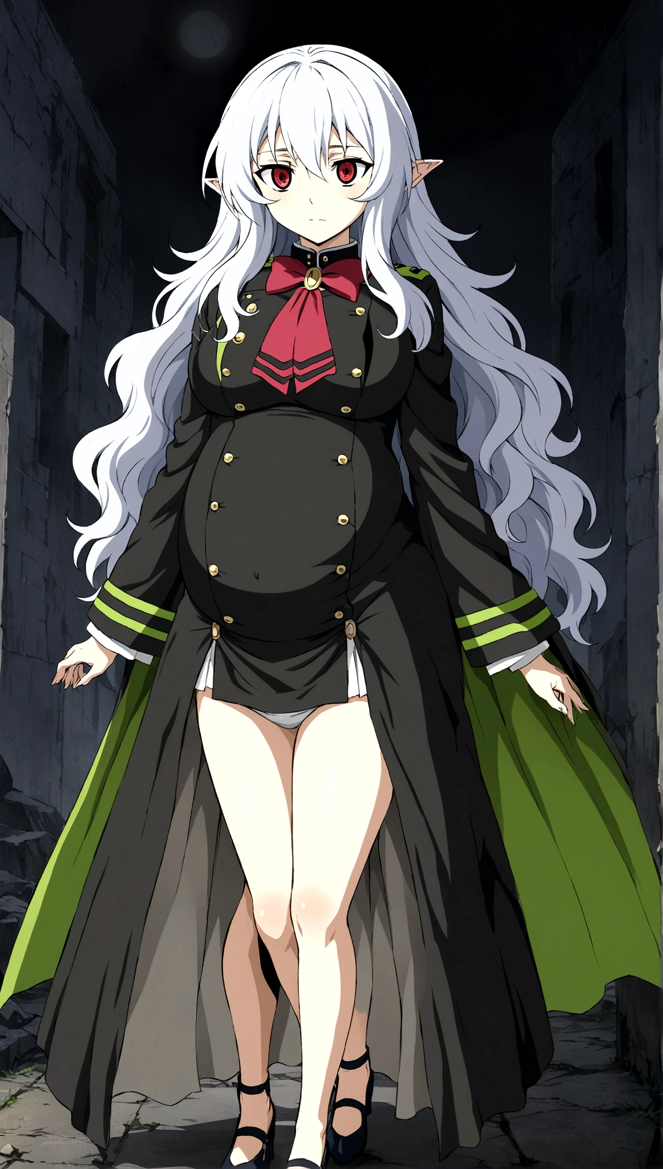 Anime. Owari no Seraph. 1 Girl. Expensive . A vampire. Clumsy mother. Pregnant. Silver hair. Wavy hair. Long hair. Red eyes. Beautiful eyes. Perfect eyes. Expressive eyes. Ideal face. Perfect body. Beautiful long ones. legs. Beautiful nose. 18 years. Big breasts. Standing. Full height. Beautiful character design. Shiny skin. Pointy ears. Ancestor Uniform Dress from Owari no Seraph. Ruins of Tokyo. Whole body. NSF. Official art. Extremely detailed CG Unity 8k wallpaper. Ideal lighting. Ultra high resolution 4K. Super detailed 8K. A high resolution.