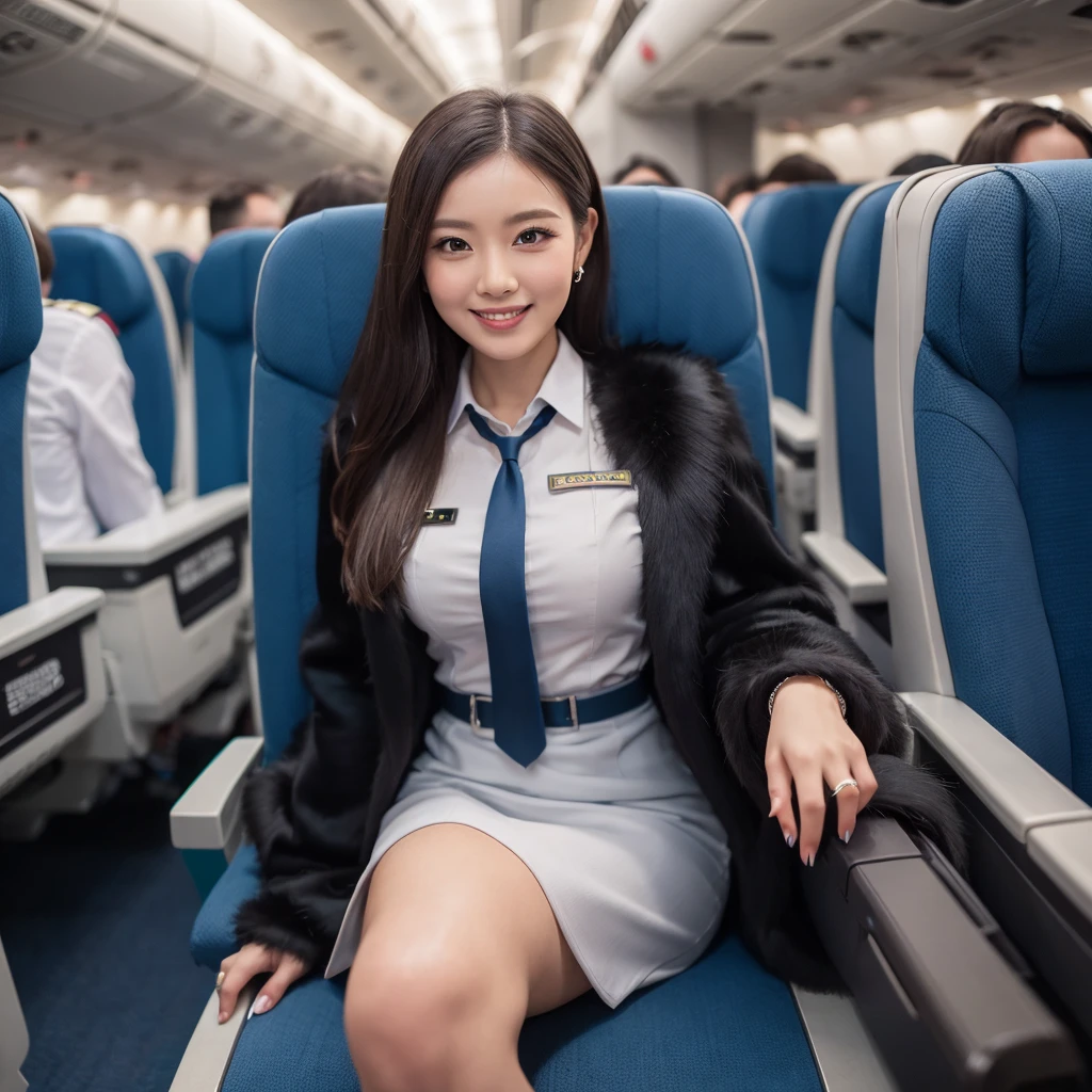 young girl 32 years old, flight attendant, sitting in the airplane seat, dressed in uniform, smiling, posing, 8k, maximum quality, maximum resolution, black fur, sexy, neckline, Free hair, very thin, pied, without jacket