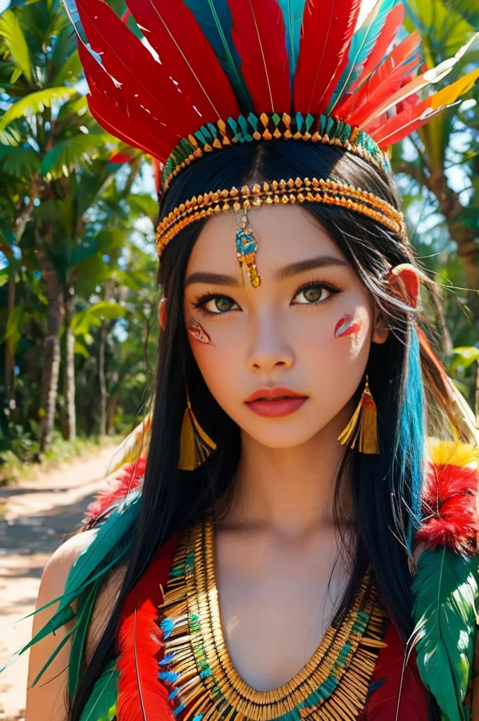 SFW. ((RAW photo, Best quality)), (Realistic, photo-realistic:1.2). A beautiful indigenous girl in native dress with feathers and feathers on her HEAD, Blue and red green macaw FEATHERS, jaguar on right. amazon indian peoples in brazil, beautiful young female brazilian Native girl, Hot body, body in good shape, very detailed face, Yanomami Indian in typical costumes,High quality. Amazonia forest Background. Cinematic lighting. 