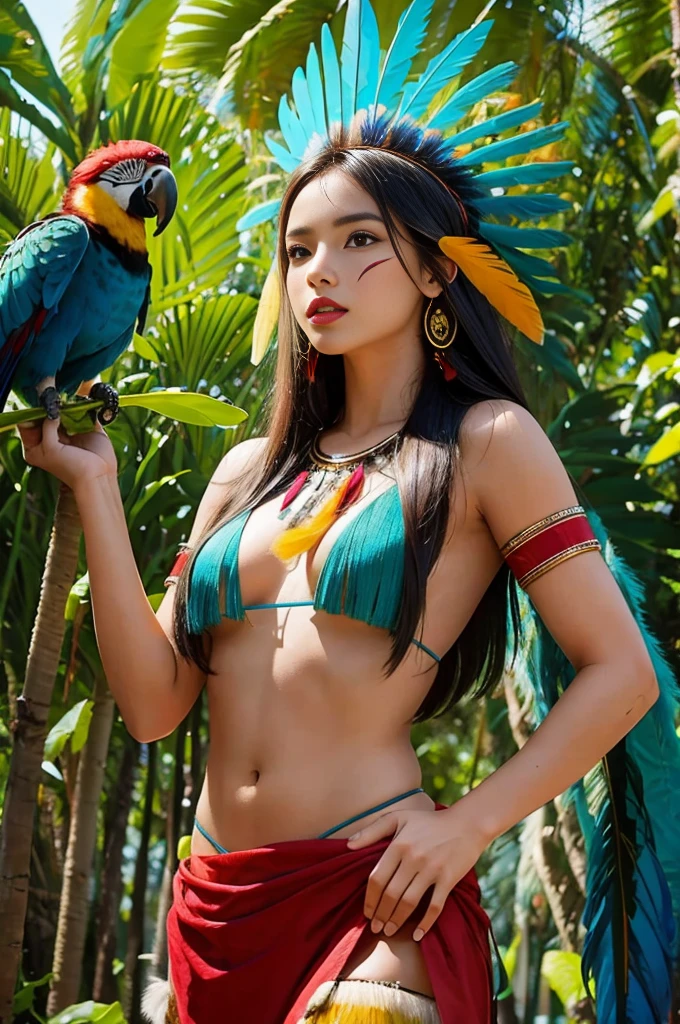 SFW. ((RAW photo, Best quality)), (Realistic, photo-realistic:1.2). A beautiful indigenous girl in native dress with feathers and feathers on her HEAD, Blue and red green macaw FEATHERS, jaguar on right. amazon indian peoples in brazil, beautiful young female brazilian Native girl, Hot body, body in good shape, very detailed face, Yanomami Indian in typical costumes,High quality. Amazonia forest Background. Cinematic lighting.