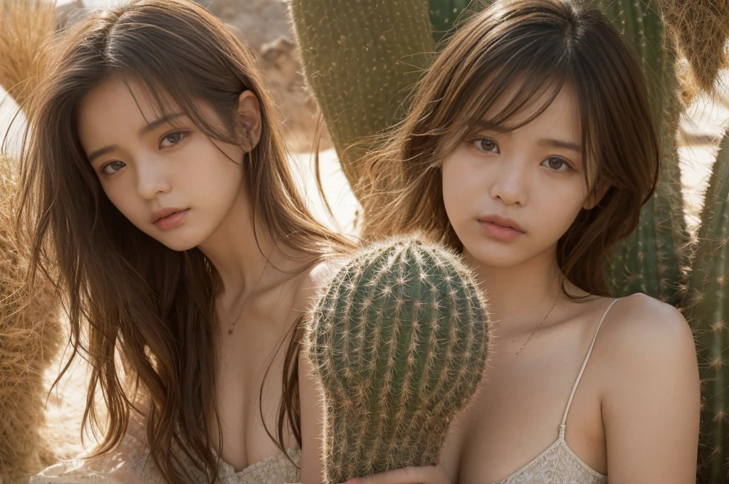 ((Highest quality)),((masterpiece)),((so beautiful)), Unique light and shadow, One Girl, Messy Hair, Realistic skin texture, rugged desert, Cactus, Feminine pose