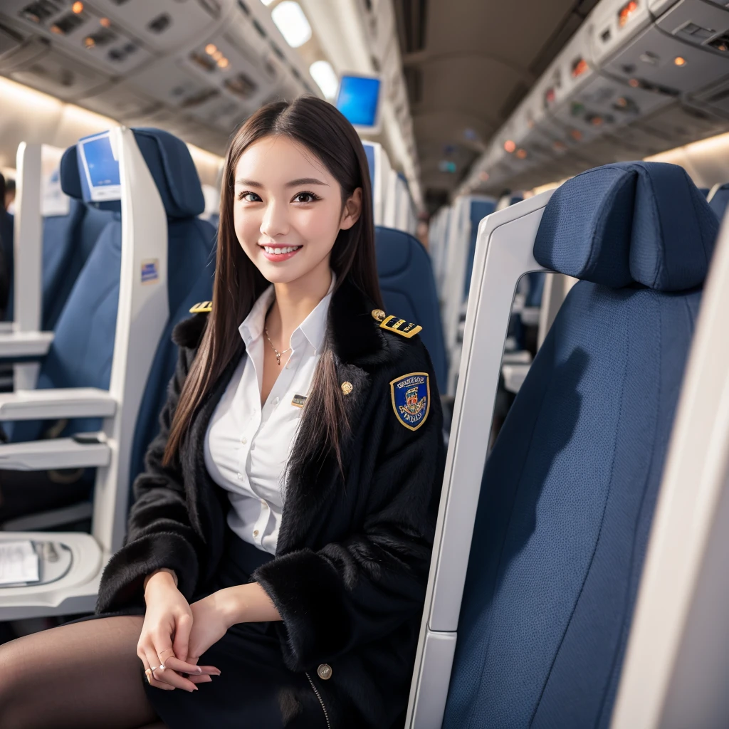 young girl 32 years old, flight attendant, sitting in the airplane seat, dressed in uniform, smiling, posing, 8k, maximum quality, maximum resolution, black fur, sexy, neckline, Free hair, very thin, pied, without jacket