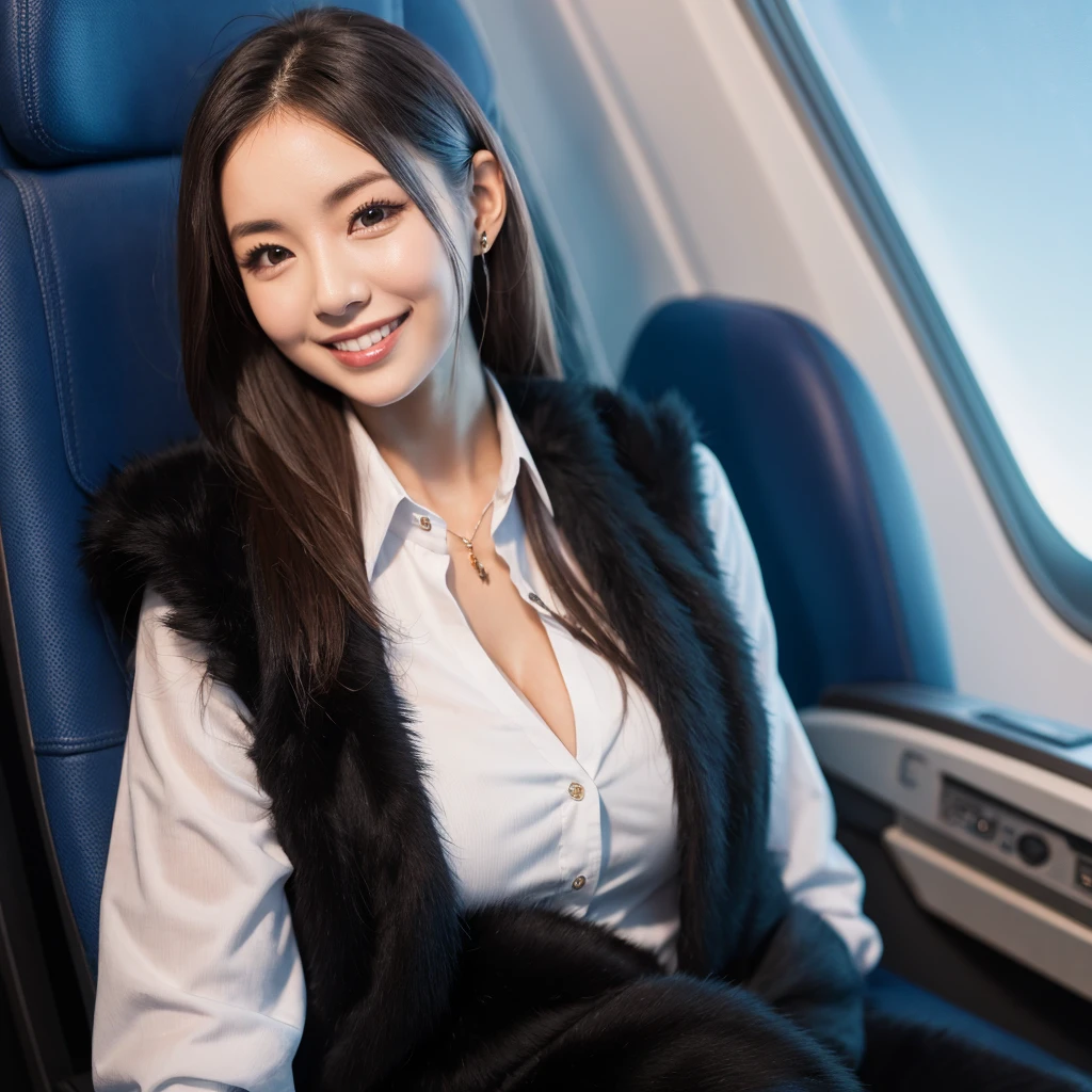 young girl 32 years old, flight attendant, sitting in the airplane seat, dressed in uniform, smiling, posing, 8k, maximum quality, maximum resolution, black fur, sexy, neckline, Free hair, very thin, pied, without jacket