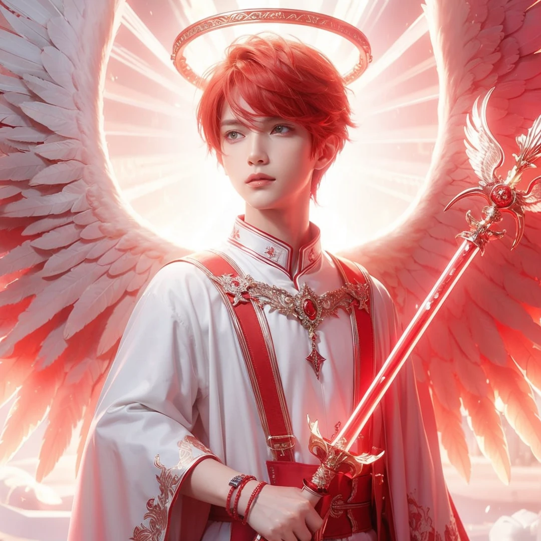 Handsome boy, red hair, brown eyes, red halo, red and white suit, red wings, holding red sword