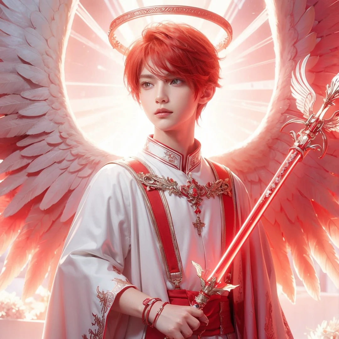 Handsome boy, red hair, brown eyes, red halo, red and white suit, red wings, holding red sword