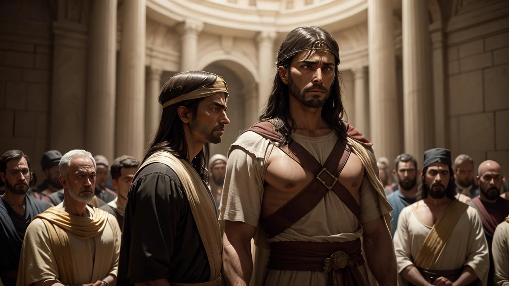 Cinematic, realistic depiction of Pilate's historical impact, scenes from his governorship and the trial of Jesus, Pilate's solemn and reflective face, dramatic lighting, contrasting emotions, historical accuracy