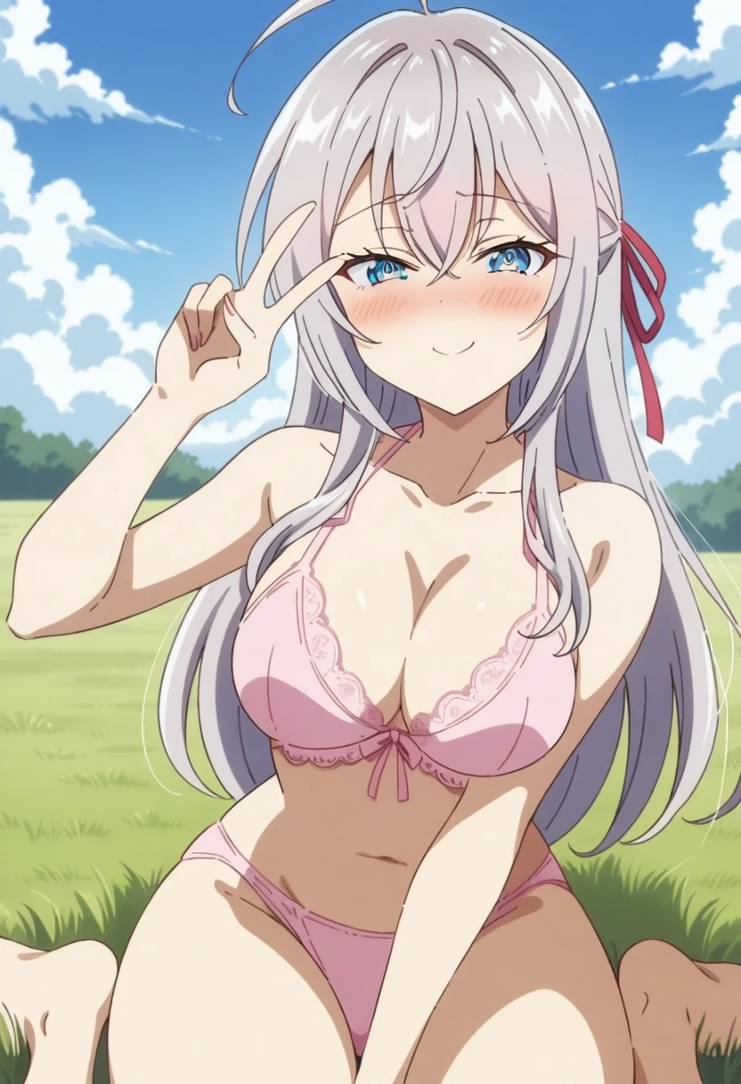 (anime art style:0.5), 2d, masterpiece, best quality, very aesthetic, absurdres, dynamic shadows, atmosferic, alisa_mikhailovna, (1girl), (grey hair), long hair, blue eyes, detailed eyes, ahoge, hair between eyes, bangs, medium breasts, curvy body, makeup, ((intense blush)), cleavage, collarbone, (sexy smile), red hair ribbon, pink lingerie, lace-trimmed lingerie, sexy smile, (upper body), wariza, (v), looking at viewer, grass, clouds, sky