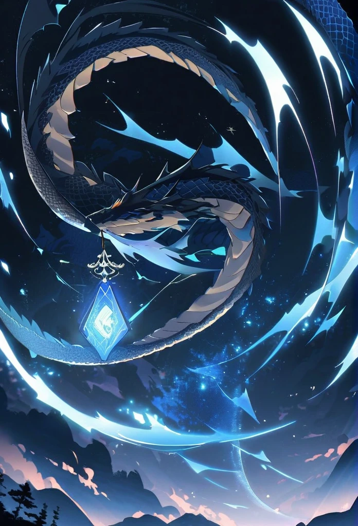 Thunder。zero。Rise Up。Flying in the sky。blue glowing oriental dragon。Night Sky