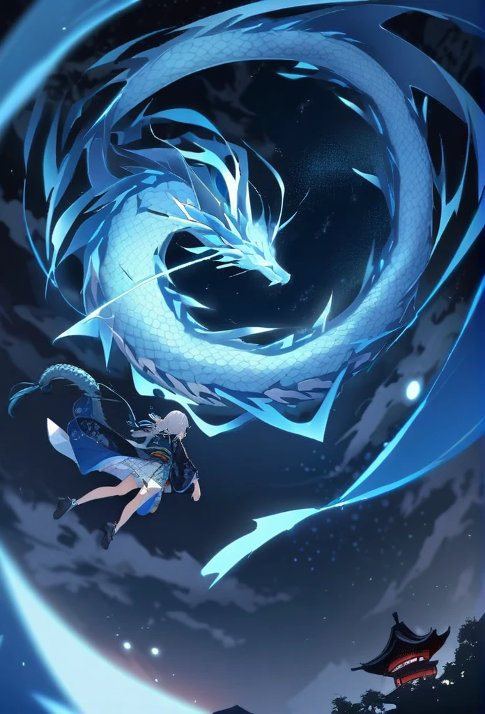 Thunder。zero。Rise Up。Flying in the sky。blue glowing oriental dragon。Night Sky