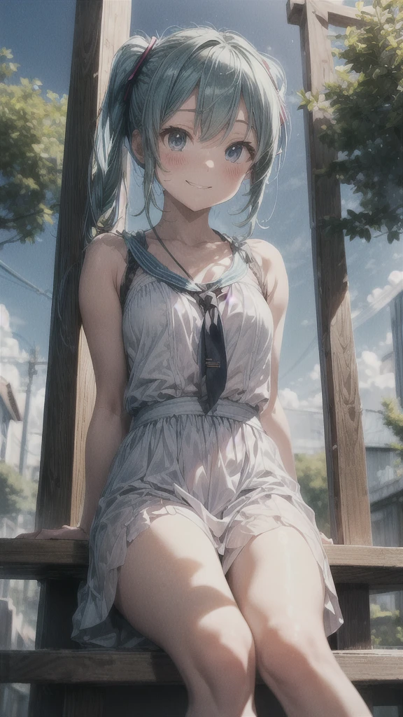 The background is the vastness of nature with a blue sky。
Hatsune Miku is smiling and sitting in the distance。
She is wearing a white dress with a long skirt。
A girl who looks like a Minato Ward girl。