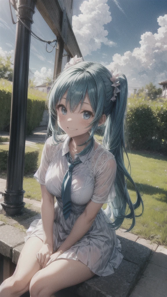 The background is the vastness of nature with a blue sky。
Hatsune Miku is smiling and sitting in the distance。
She is wearing a white dress with a long skirt。
A girl who looks like a Minato Ward girl。
