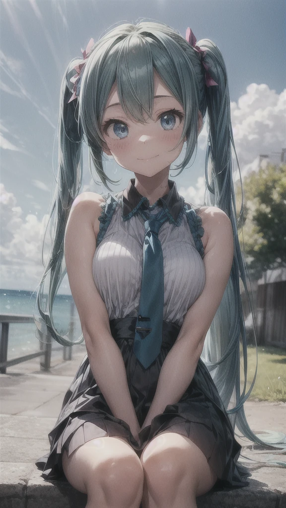 The background is the vastness of nature with a blue sky。
Hatsune Miku is smiling and sitting in the distance。
She is wearing a white dress with a long skirt。
A girl who looks like a Minato Ward girl。