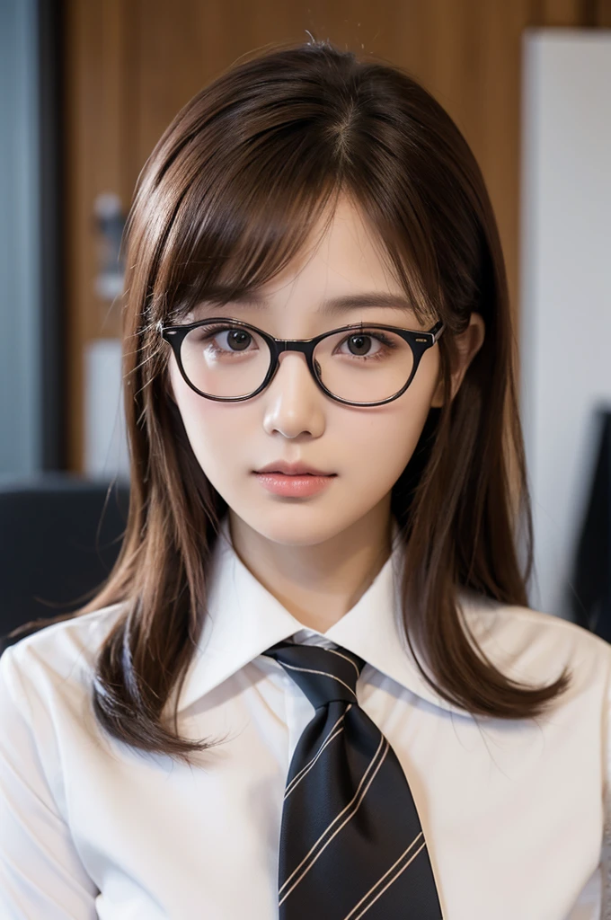 1girl, masterpiece, high_quality, office_uniform, glasses, brown_hair, white_shirt, black_necktie, close_up_shot