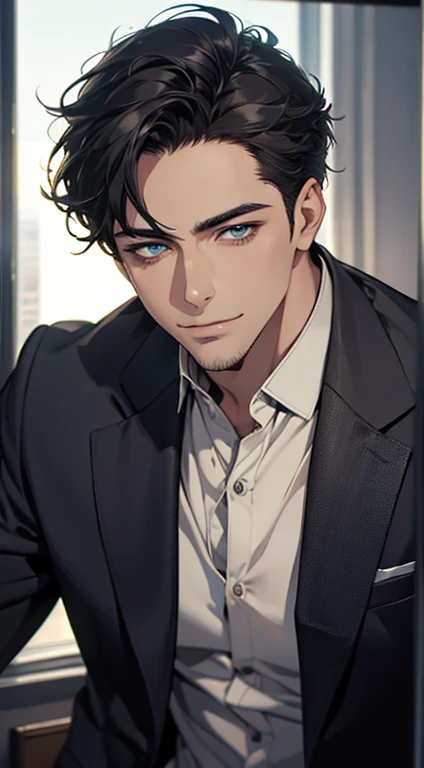 (best quality,4k,8k,highres,masterpiece:1.2),ultra-detailed,(realistic,photorealistic,photo-realistic:1.37),1 man,31 years old,mature man,very handsome,without expression,smile,short grey black hair,blue eyes,penetrating gaze,perfect face without errors,imposing posture,businessman,office background,cinematic lighting,hdr image