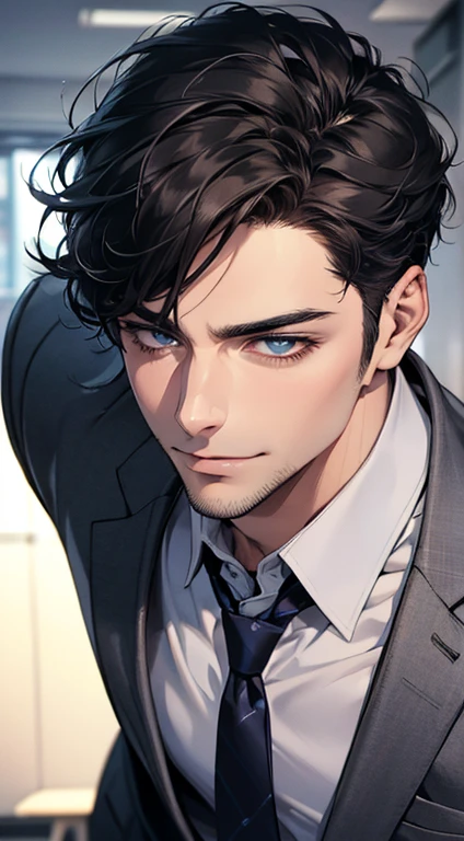(best quality,4k,8k,highres,masterpiece:1.2),ultra-detailed,(realistic,photorealistic,photo-realistic:1.37),1 man,31 years old, man,very handsome,without expression,smile,short grey black hair,blue eyes,penetrating gaze,perfect face without errors,imposing posture,businessman,office background,cinematic lighting,hdr image